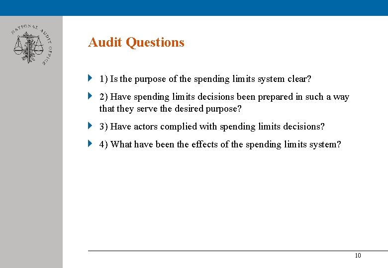 Audit Questions 1) Is the purpose of the spending limits system clear? 2) Have