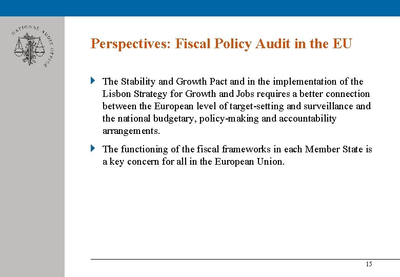 Perspectives: Fiscal Policy Audit in the EU The Stability and Growth Pact and in