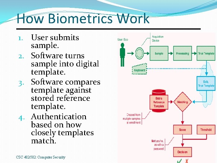 How Biometrics Work 1. User submits sample. 2. Software turns sample into digital template.
