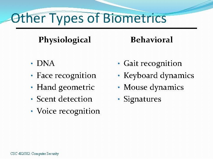 Other Types of Biometrics Physiological Behavioral • DNA • Gait recognition • Face recognition