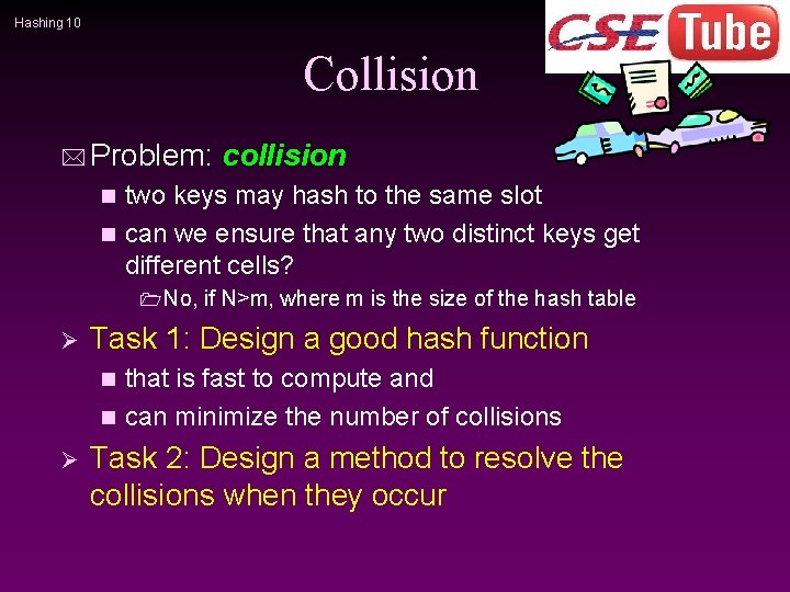Hashing 10 Collision * Problem: collision two keys may hash to the same slot
