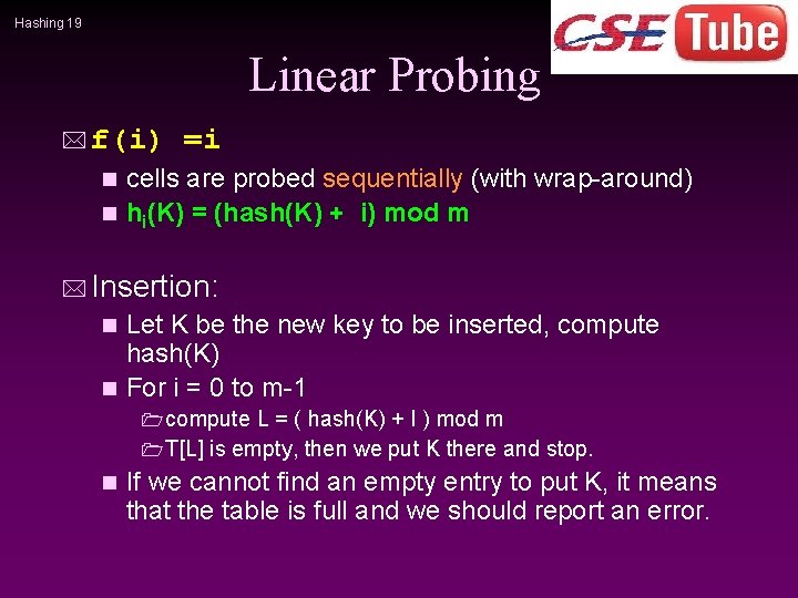 Hashing 19 Linear Probing * f(i) =i cells are probed sequentially (with wrap-around) n