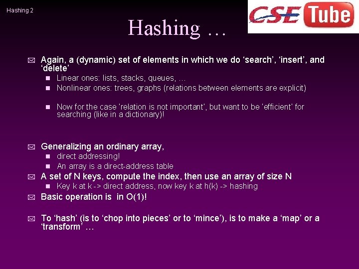 Hashing 2 Hashing … * * Again, a (dynamic) set of elements in which