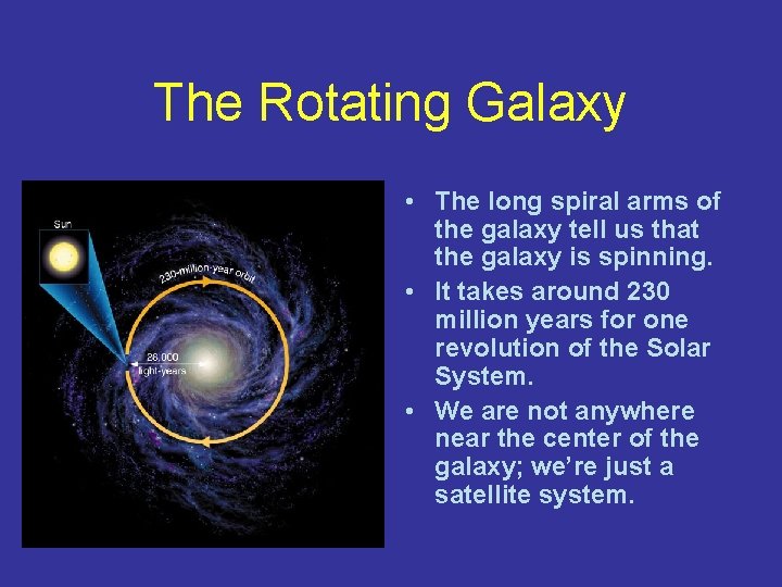 The Rotating Galaxy • The long spiral arms of the galaxy tell us that