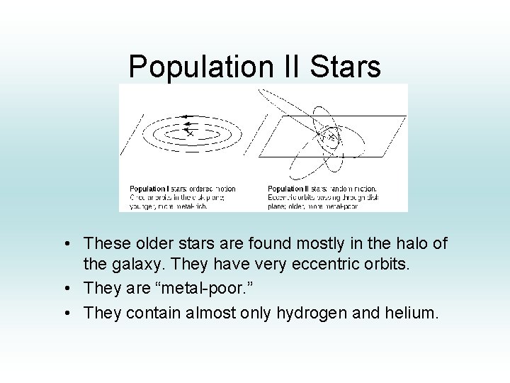 Population II Stars • These older stars are found mostly in the halo of