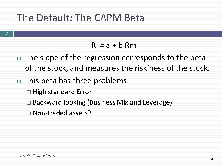 The Default: The CAPM Beta 4 Rj = a + b Rm The slope