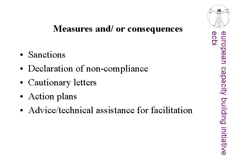  • • • Sanctions Declaration of non-compliance Cautionary letters Action plans Advice/technical assistance