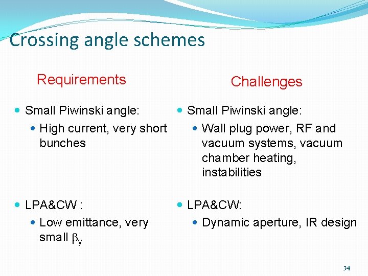 Crossing angle schemes Requirements Challenges Small Piwinski angle: High current, very short Wall plug