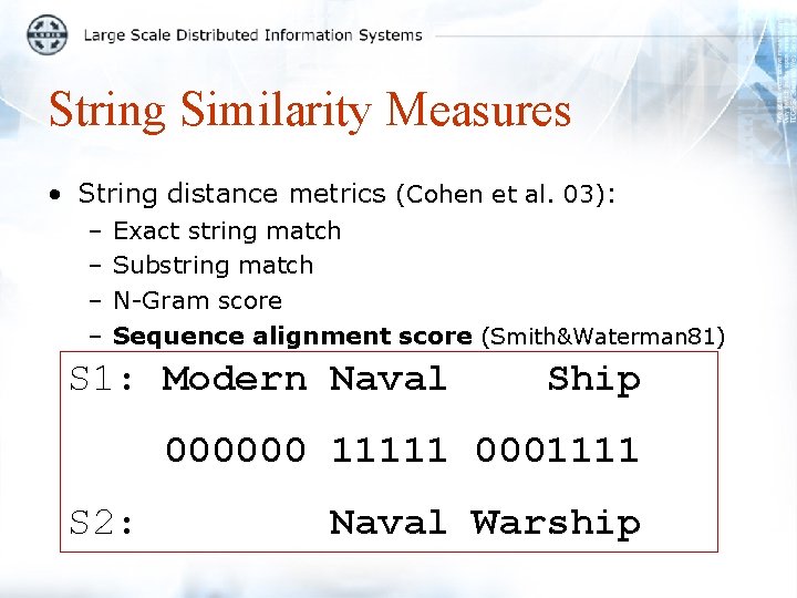 String Similarity Measures • String distance metrics (Cohen et al. 03): – – Exact