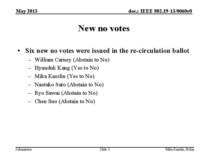 May 2013 doc. : IEEE 802. 19 -13/0060 r 0 New no votes •