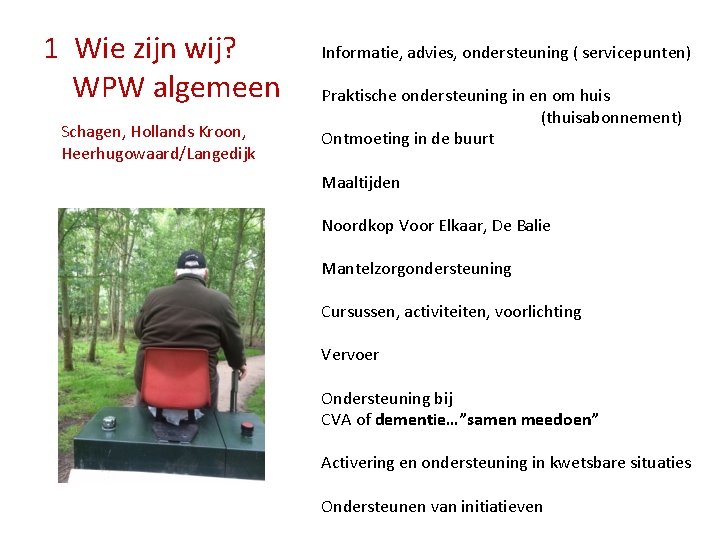 1 Wie zijn wij? WPW algemeen Schagen, Hollands Kroon, Heerhugowaard/Langedijk Informatie, advies, ondersteuning (