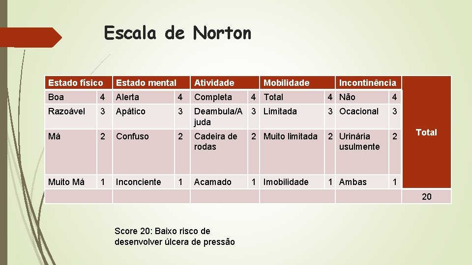 Escala de Norton Estado físico Estado mental Atividade Boa 4 Alerta 4 Completa Razoável