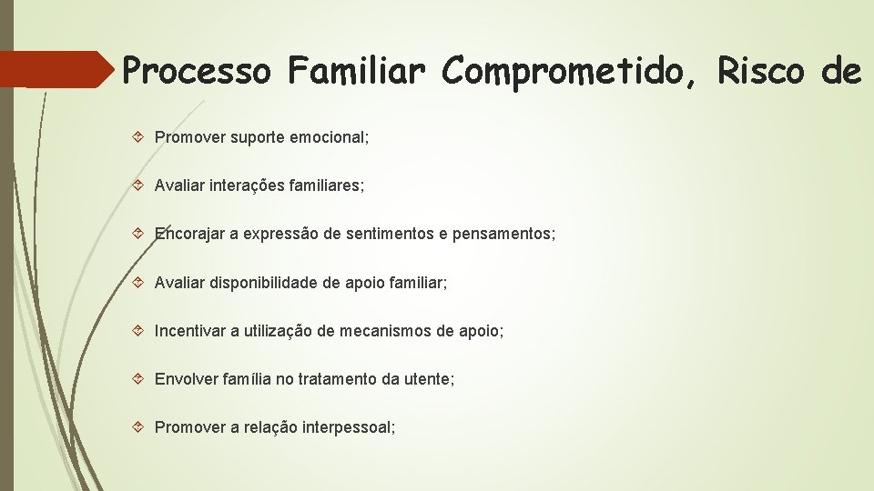 Processo Familiar Comprometido, Risco de Promover suporte emocional; Avaliar interações familiares; Encorajar a expressão