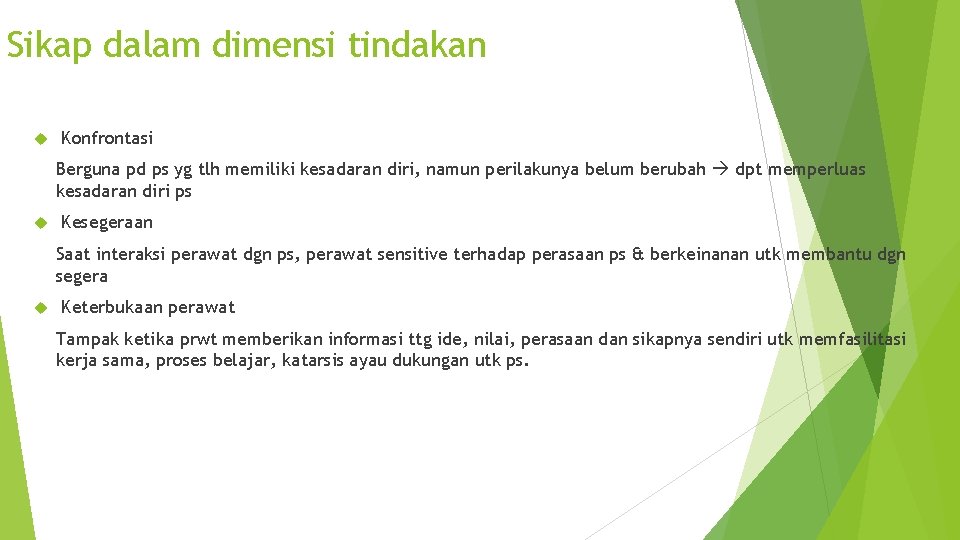 Sikap dalam dimensi tindakan Konfrontasi Berguna pd ps yg tlh memiliki kesadaran diri, namun