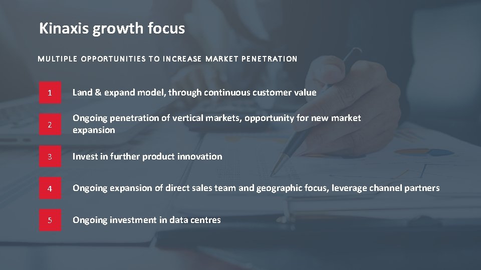 Kinaxis growth focus MULTIPLE OPPORTUNITIES TO INCREASE MARKET PENETRATION 1 Land & expand model,