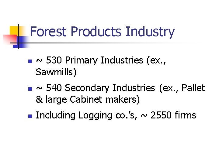 Forest Products Industry n n n ~ 530 Primary Industries (ex. , Sawmills) ~