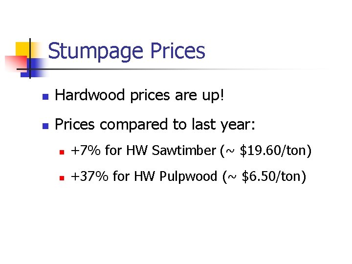 Stumpage Prices n Hardwood prices are up! n Prices compared to last year: n
