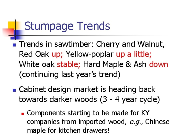 Stumpage Trends n n Trends in sawtimber: Cherry and Walnut, Red Oak up; Yellow-poplar