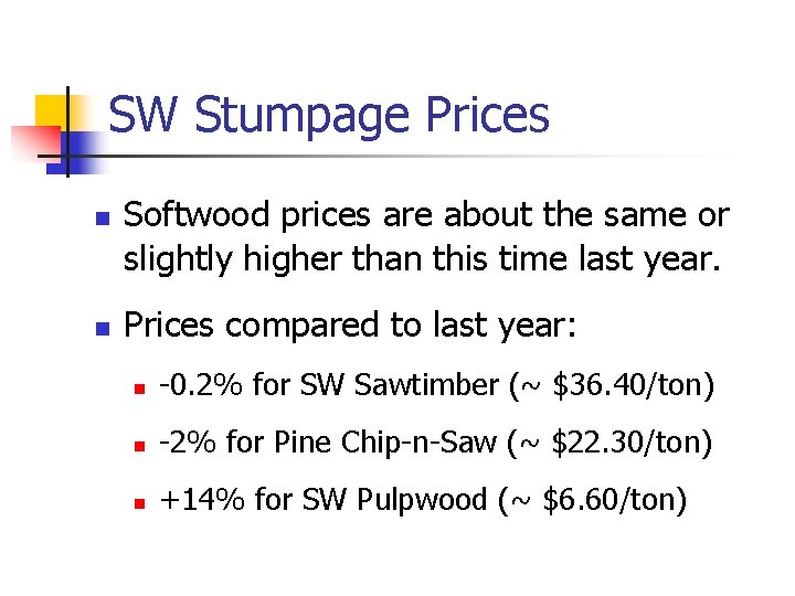 SW Stumpage Prices n n Softwood prices are about the same or slightly higher
