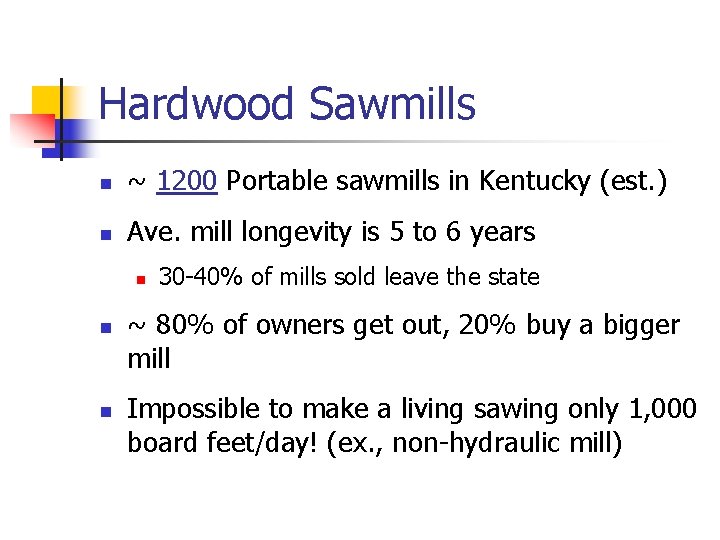 Hardwood Sawmills n ~ 1200 Portable sawmills in Kentucky (est. ) n Ave. mill