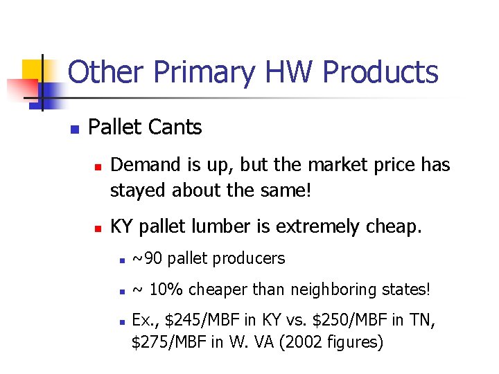 Other Primary HW Products n Pallet Cants n n Demand is up, but the