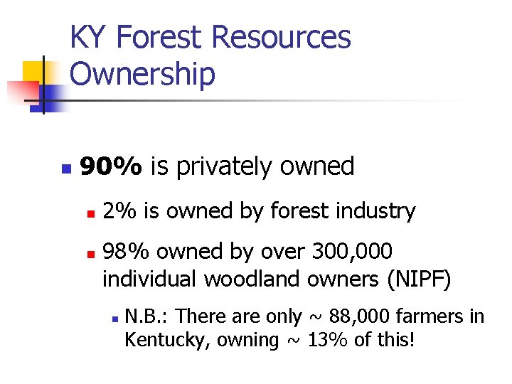 KY Forest Resources Ownership n 90% is privately owned n n 2% is owned KY Forest Resources Ownership n 90% is privately owned n n 2% is owned
