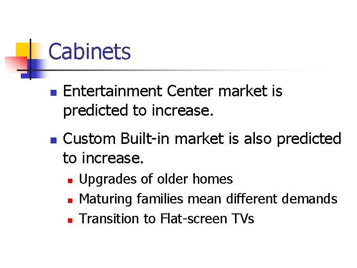 Cabinets n n Entertainment Center market is predicted to increase. Custom Built-in market is