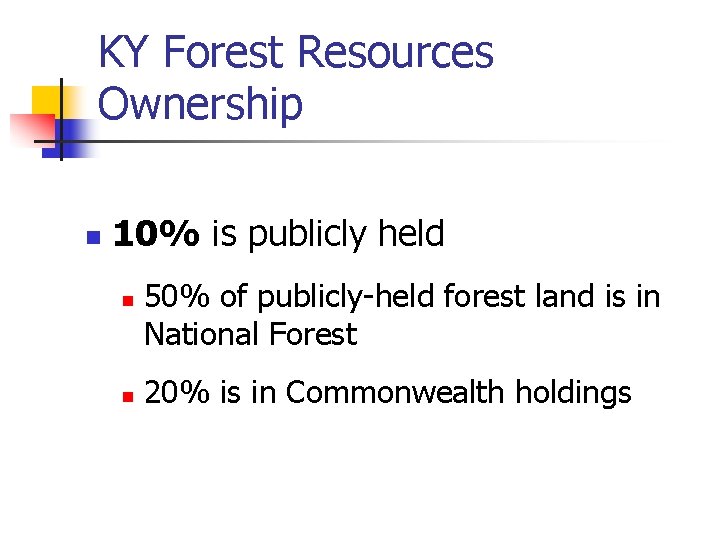 KY Forest Resources Ownership n 10% is publicly held n n 50% of publicly-held