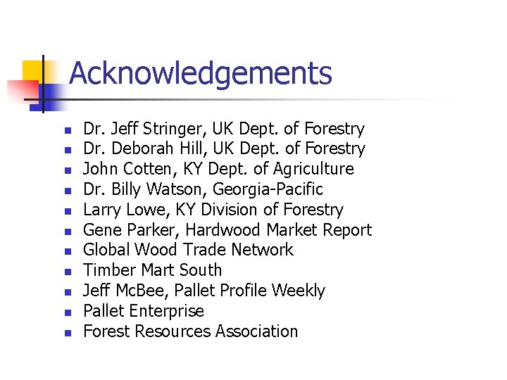 Acknowledgements n n n Dr. Jeff Stringer, UK Dept. of Forestry Dr. Deborah Hill,