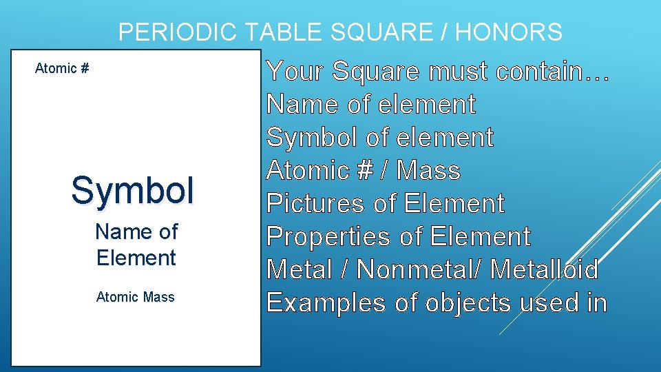 PERIODIC TABLE SQUARE / HONORS Atomic # Symbol Name of Element Atomic Mass Your