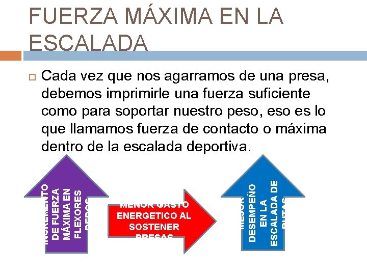 FUERZA MÁXIMA EN LA ESCALADA MENOR GASTO ENERGETICO AL SOSTENER PRESAS MEJOR DESEMPEÑO EN