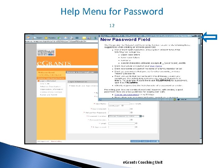 Help Menu for Password 12 e. Grants Coaching Unit 1/5/2022 