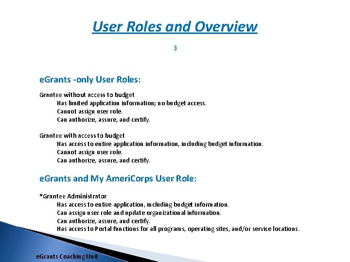 User Roles and Overview 3 e. Grants -only User Roles: Grantee without access to