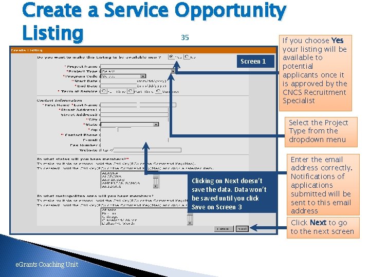 Create a Service Opportunity Listing 35 Screen 1 If you choose Yes your listing