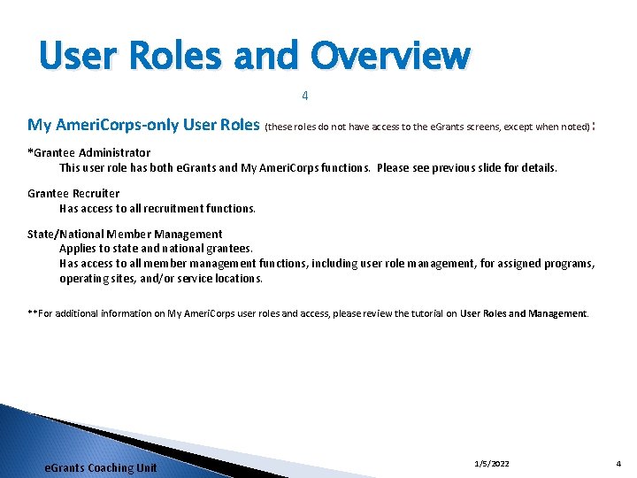 User Roles and Overview 4 My Ameri. Corps-only User Roles (these roles do not