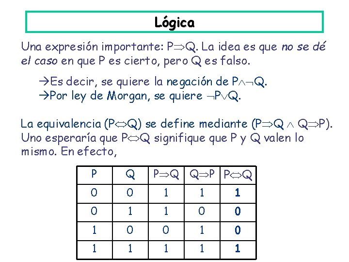 Lógica Una expresión importante: P Q. La idea es que no se dé el