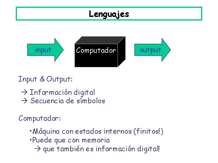 Lenguajes input Computador output Input & Output: Información digital Secuencia de símbolos Computador: •