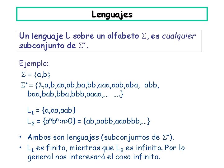 Lenguajes Un lenguaje L sobre un alfabeto , es cualquier subconjunto de *. Ejemplo: