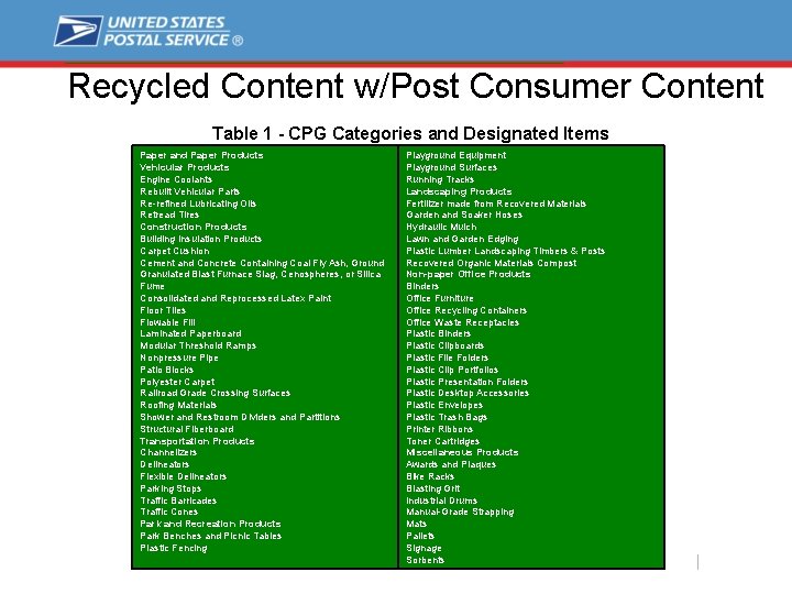 Recycled Content w/Post Consumer Content Table 1 - CPG Categories and Designated Items Paper