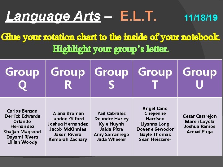 Language Arts – E. L. T. 11/18/19 Glue your rotation chart to the inside