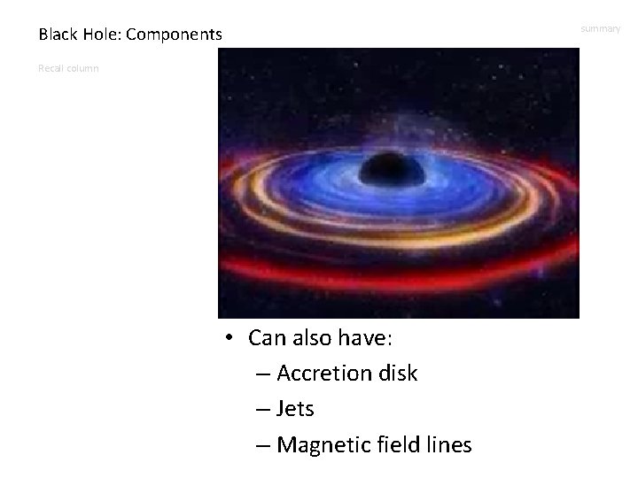 Black Hole: Components summary Recall column • Can also have: – Accretion disk –