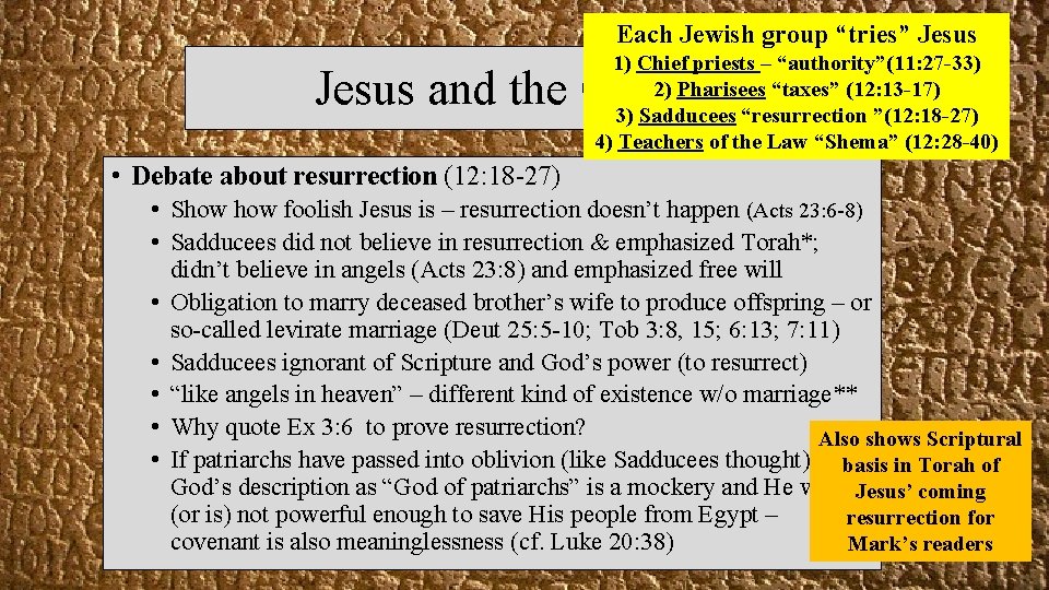 Each Jewish group “tries” Jesus 1) Chief priests – “authority”(11: 27 -33) 2) Pharisees