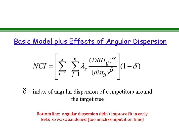 Basic Model plus Effects of Angular Dispersion = index of angular dispersion of competitors Basic Model plus Effects of Angular Dispersion = index of angular dispersion of competitors