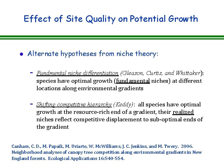 Effect of Site Quality on Potential Growth l Alternate hypotheses from niche theory: - Effect of Site Quality on Potential Growth l Alternate hypotheses from niche theory: -