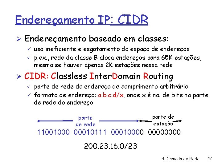 Endereçamento IP: CIDR Ø Endereçamento baseado em classes: ü ü uso ineficiente e esgotamento