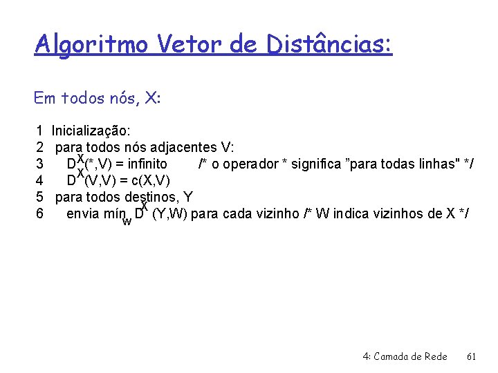 Algoritmo Vetor de Distâncias: Em todos nós, X: 1 Inicialização: 2 para todos nós