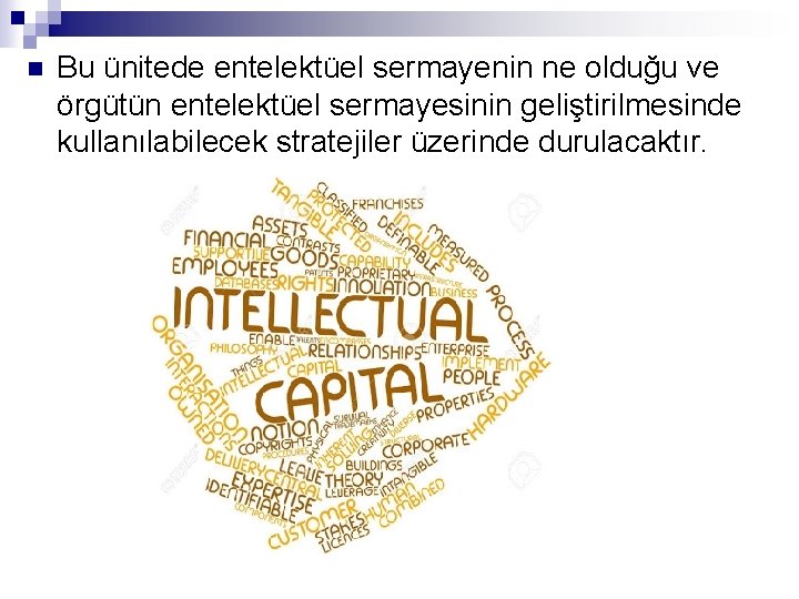 n Bu ünitede entelektüel sermayenin ne olduğu ve örgütün entelektüel sermayesinin geliştirilmesinde kullanılabilecek stratejiler