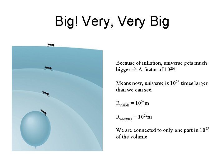 Big! Very, Very Big Because of inflation, universe gets much bigger A factor of Big! Very, Very Big Because of inflation, universe gets much bigger A factor of