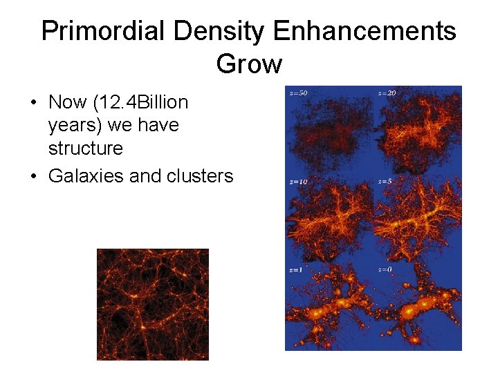 Primordial Density Enhancements Grow • Now (12. 4 Billion years) we have structure • Primordial Density Enhancements Grow • Now (12. 4 Billion years) we have structure •