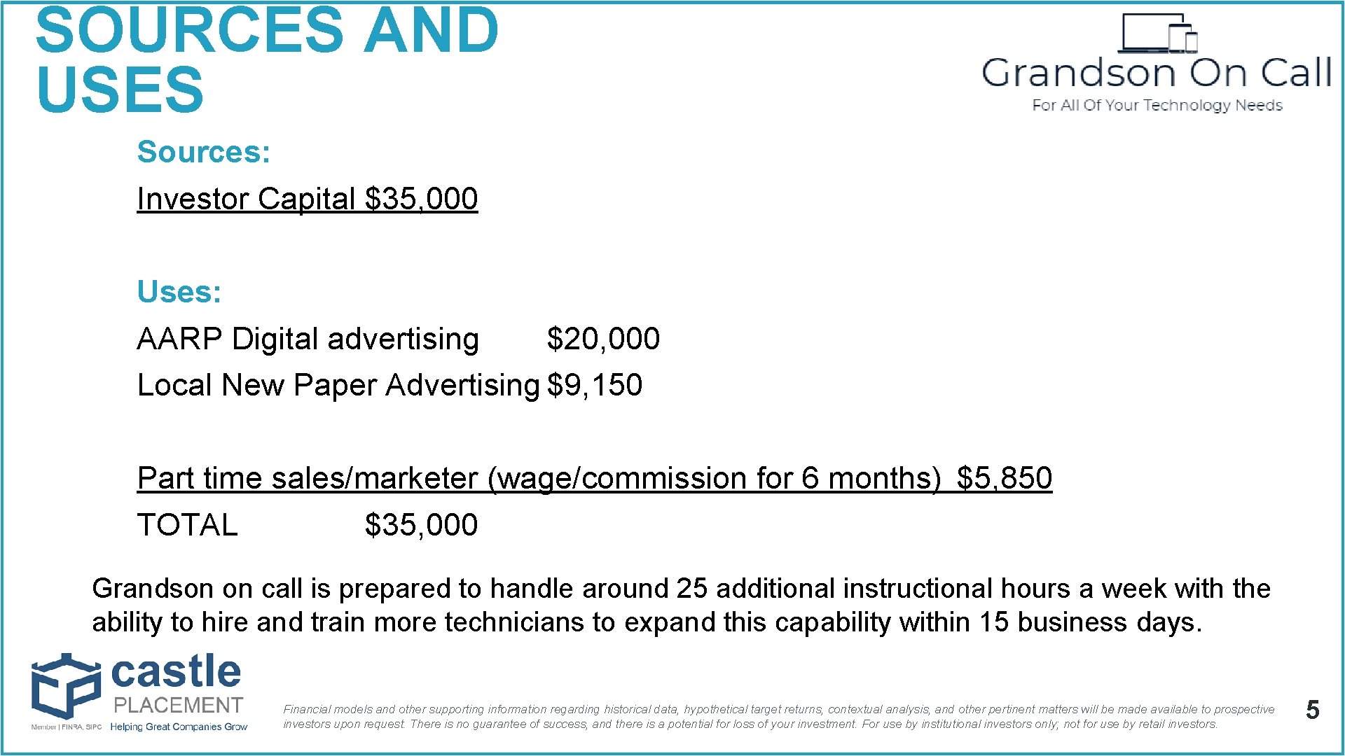 SOURCES AND USES Sources: Investor Capital $35, 000 Uses: AARP Digital advertising $20, 000